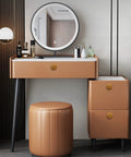 Vanity with round mirror and stool in modern design