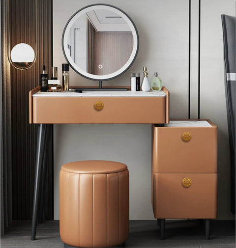 Vanity with round mirror and stool in modern design