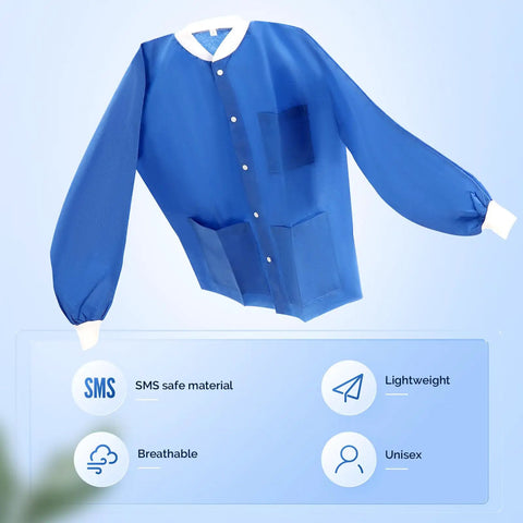 10 Pack Disposable Lab Jackets Large For Men And Women Blue With Knit Cuffs And Collar, Three Pockets, SMS Fluid Resistant Medical Attire