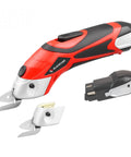Heavy Hitter Dual Blade Cordless Electric Scissors With Rechargeable Battery Power Cutter For Fabric Leather And Cardboard showing red and silver design with replacement blades.