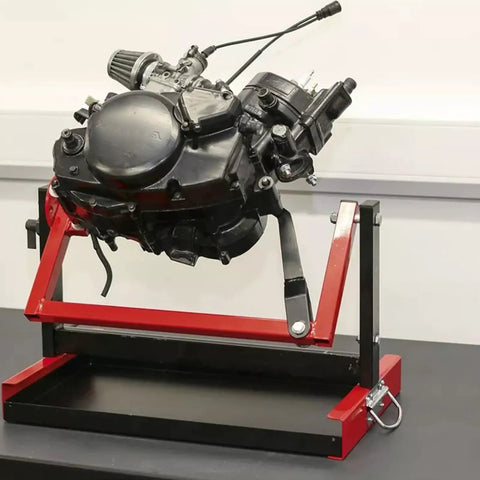 Beefy No Fuss Motorcycle Engine Stand For 2 And 4 Stroke Single Cylinder Engines Dirt Bike ATV MX Maintenance Stand shown with engine.