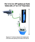 HydroRight Dual Flush Valve And Lever Handle Replacement For Standard Toilets White Finish Converts To Dual Flush And Saves Up To 70 Percent Water No Fuss Easy Install Eliminates Common Leaks, shown with measurement details
