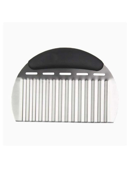 Large stainless steel wavy crinkle cutter with black handle for French fries and vegetables front view