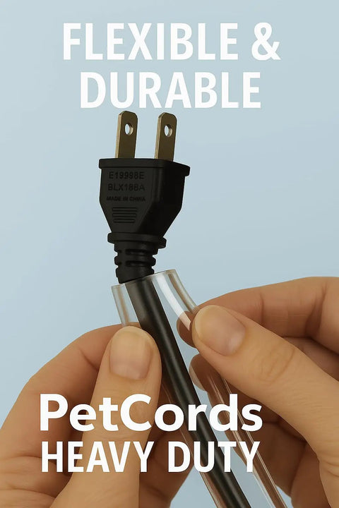 Person holding XL 20 Feet Heavy Duty Pet Cord Protector and plug, keeps them from chewing insulated wires, clear cable guard.