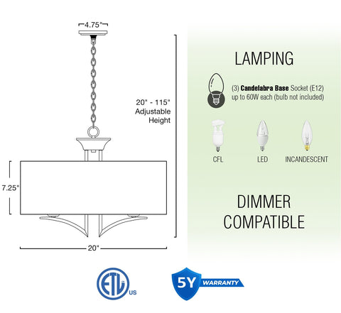 Diagram of Alondra 20 Inch Modern Drum Gold Chandelier With Large Black Linen Shade 3 Light Modern Farmhouse Hanging Pendant.
