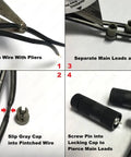 Low Voltage Landscape Light Wire Cable Connectors 6 Pack instructions with pliers, wire leads, and connector assembly steps