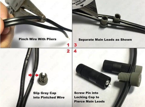 Low Voltage Landscape Light Wire Cable Connectors 6 Pack instructions with pliers, wire leads, and connector assembly steps