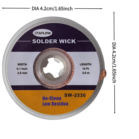 Top view of 2 Pack No Clean Solder Wick Braided Copper 2.5mm By 10ft No Residue Desoldering Wick for electronics repair.