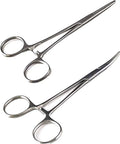 Two Pack 5 Inch Stainless Steel Fishing Forceps Set With Curved And Straight Hemostats, Serrated Jaws, Locking Mechanism