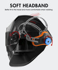 Auto Darkening Welding Helmet With Large Viewing Area, Flip Up Design, True Color Lens, Four Arc Sensors, Grind Mode, headband detail.