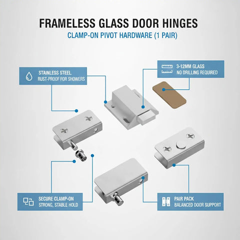Diagram of 3Mm-12Mm Glass Compatibility Frameless Door Hinges Stainless Steel Clamp-On Pivot Hardware For Shower Enclosures And Cabinets.