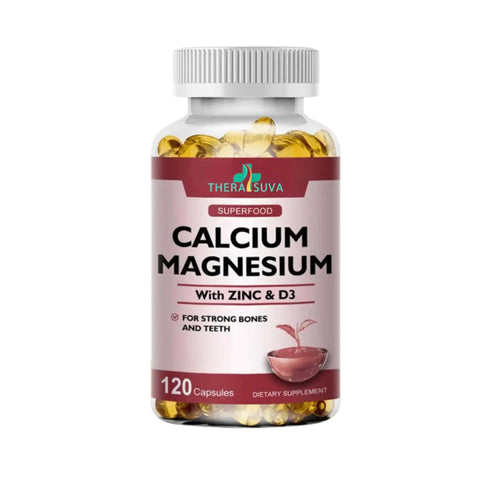 Bottle of Max Strength Calcium 1000mg With Magnesium 400mg D3 600IU And Zinc 25mg Complex For Beefed Up Stronger Bones And Immune Support, 120 softgels.