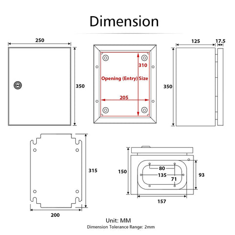 Dimension diagram of Heavy Duty 304 Stainless Steel Electrical Junction Box IP65 Waterproof Lockable Metal Enclosure 14x10x6 inch.