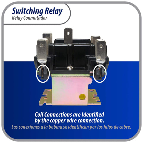 Front view of Heavy Duty DPDT Relay for HVAC Fan Control, 208-240V Coil with copper wire connections highlighted.