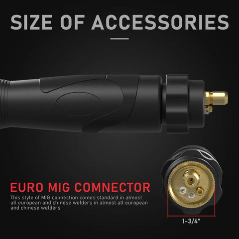 Replacement Mig Welding Gun Euro Quick Connect No Tool Needed 15 Foot Lead 250 Amp connector detail