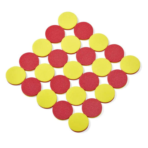 Two Color Foam Counters Set, Red and Yellow Counting Chips arranged in a pattern, 1-inch dia, kid-friendly manipulatives