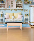 Wooden Dollhouse Bench 1:12 Scale Miniature Furniture For Fairy Garden Micro Landscapes Beige Finish, in tiny living room scene