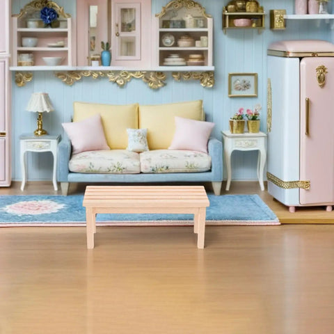 Wooden Dollhouse Bench 1:12 Scale Miniature Furniture For Fairy Garden Micro Landscapes Beige Finish, in tiny living room scene