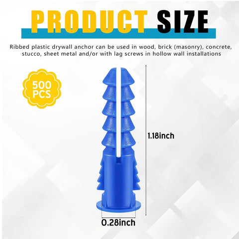 Illustration of Blue 500 Pcs Plastic Drywall Anchors Ribbed Lightweight Hollow Walls Mounting Set For Light Duty Picture Artwork Decor Projects Includes #8-10-12 X 1-1/4 Inch With Anti Rotation Rib Design dimensions.