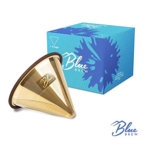 Titanium Coated Stainless Steel Pour Over Coffee Filter With Double Layer Mesh Cone For One To Four Cups Reusable Paperless Filter Easy Clean Barista Quality Brew At Home Or On The Go next to blue box display