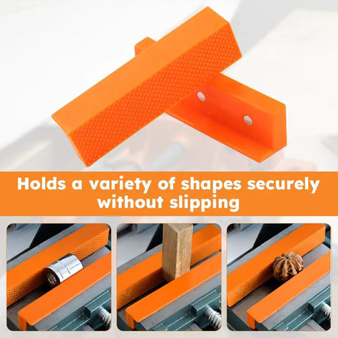 Heavy Duty Vise Soft Jaw Covers With Knockout Magnetic Hold And Dual Groove Textures For No Sweat Clamping Of Delicate Lumber Or Rusty Pipe Fittings During Weekend Shop Projects, showcasing orange textured pads.