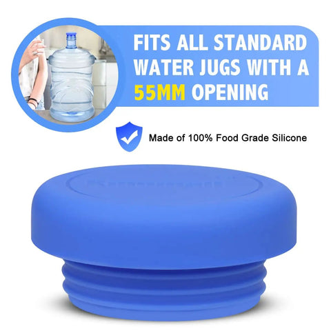 Second Generation Silicone Jug Cap For 55mm Openings On 5 Gallon And 3 Gallon Water Jugs No Spill Top Lid Leakproof Reusable Replacement Pack Of 2 Blue, close-up of blue cap