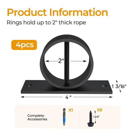 4 Pack 2 Inch Rope End Snap With Cross Screw For Hemp Rope Fencing And Deck Railing Kit, shown with dimensions and accessories.