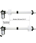 Two silver linear actuators with black motor housings for power recliner lift chairs; white mounting collars; 333 mm stroke.