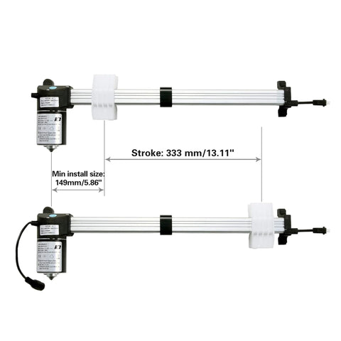 Two silver linear actuators with black motor housings for power recliner lift chairs; white mounting collars; 333 mm stroke.