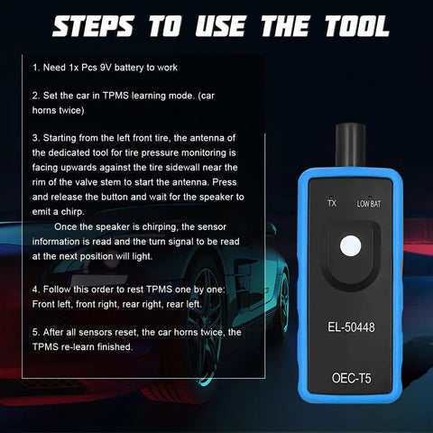 GM TPMS Relearn Tool EL50448 Easy Plug And Play Tire Pressure Sensor Relearn, Battery Powered, Portable Blue Handheld Diagnostic For GM Vehicles, Quick Sensor ID Relearn, No Fuss, Reliable, blue handheld 6.1 x 2.4 x 1.4 in