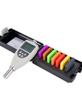 Straight Up Digital Shore Hardness Tester For Rubber And Plastic Using A D E Scale Types To Drop Crisp Testing Numbers Fast Inside A Slick Zero Hassle Handheld Meter with colored calibration slabs