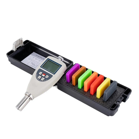 Straight Up Digital Shore Hardness Tester For Rubber And Plastic Using A D E Scale Types To Drop Crisp Testing Numbers Fast Inside A Slick Zero Hassle Handheld Meter with colored calibration slabs