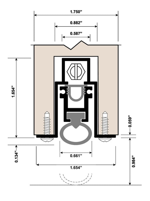 Technical drawing of Heavy Duty Door Bottom Seal With Neoprene Bulb Auto Door Sweep For 1 Inch Drop Doors
