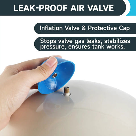 Legit Badass 4.5 Gallon Water Heater Expansion Tank With 3/4 Inch Mnpt showing leak-proof air valve and protective cap.