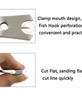 Close-up of 2 Pack Compact Stainless Steel Fishing Line Cutter Nippers with hook eye pin design, ergonomic handle.