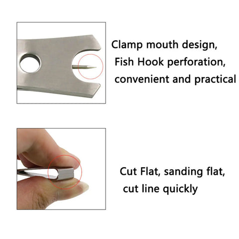 Close-up of 2 Pack Compact Stainless Steel Fishing Line Cutter Nippers with hook eye pin design, ergonomic handle.
