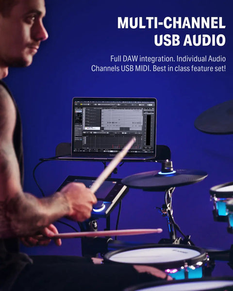 Musician playing Electric Drum Set With Lights And 7 Inch Touchscreen 1126 Sounds Customizable Pad Colors Internal Rack Wiring BackBeat Gaming App Advanced Electronic Drum Kit For Practice And Live Jams with multi-channel USB audio integration