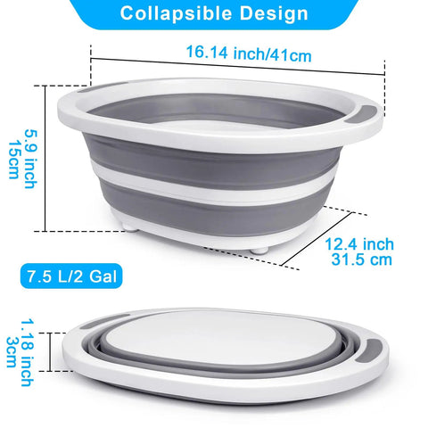 Collapsible Wash Basin 7.5L Dish Tub Sink Basin Folding Dish Pan With 2-In-1 Dish Pan and Cutting Board shown expanded and folded