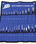 Heavy Duty 29 Piece Punch And Chisel Set With Roll Up Pouch Hardened And Tempered Chrome Vanadium Steel Tools organized in blue pouch