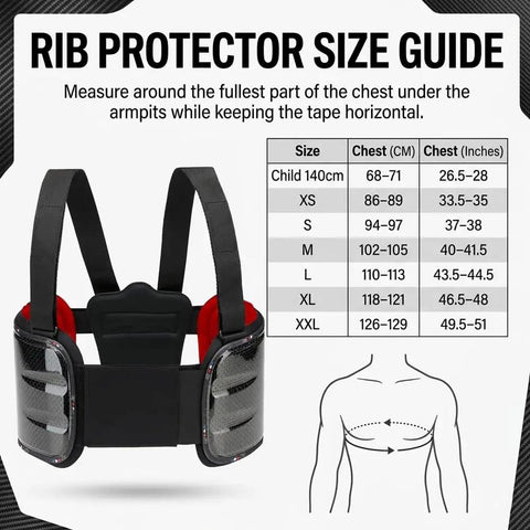 Rib Protector For Go Karting Adults And Youth With Adjustable Straps, chest guard size guide for accurate fit.