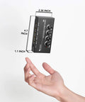 Dimensions of Four Channel Line Mixer For Sub Mixing With Ultra Low Noise, Mini 4 Channel Audio Mixer With AC Adapter shown over hand.
