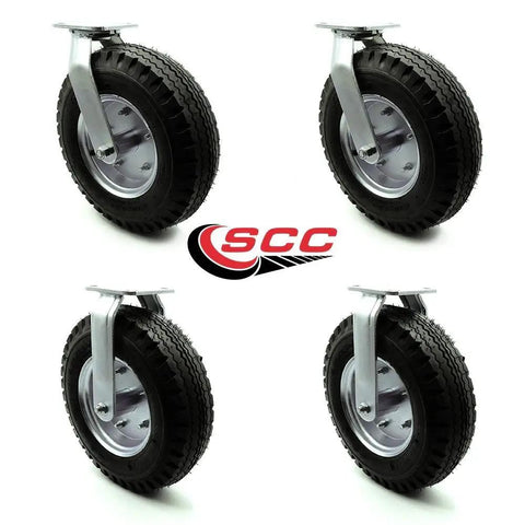 Heavy Duty 12 Inch Pneumatic Casters Set Of 4 With Black Rubber Air Filled Tires for trailers and workbenches.