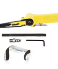 Pneumatic Belt Sander Polisher with 360° rotating handle and quick belt change, shown with accessories for Grinding Welding Parts Burr Bustin Chamferin