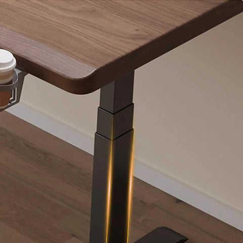 Close-up of Straight Up Solid Wood Electric Standing Desk With Drawers, featuring a sleek wood top and sturdy adjustable metal leg.