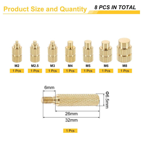 Heat Set Insert Tip Set For Threaded Inserts M2 To M8, 7 Brass Tips For Soldering Irons displayed with dimensions