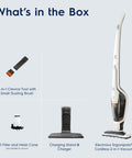 Side view of Electrolux Ergorapido cordless 2-in-1 vacuum in satin white with charging stand and attachments