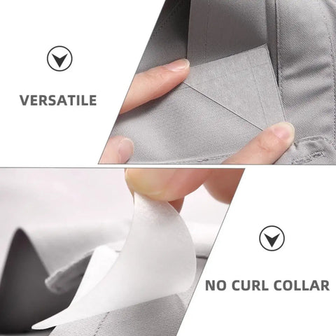 240 Pack Pvc Collar Stays For Mens Dress Shirts Invisible Anti Curl Adhesive Tabs Keep Your Shirt Crisp And Sharp Day And Night Straight Up Best Wardrobe Gear That Absolutely Squashes Floppy Collar Drama Guaranteed - Close-up of adhesive tab being applied to shirt.