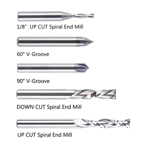5 Pcs CNC Router Bit Set With Up Cut And Down Cut V Groove Bits For Woodworking And Engraving, showing five bits, labeled types.