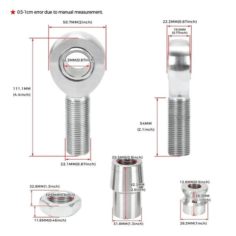 Premium 7/8 Inch Heim Joint Rod End Kit Two Pack Heavy Duty Sealed Spherical Bearings detailed measurements and components.