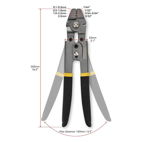 Heavy Duty Pro Grade Wire Rope Crimping Tool And Cutter Kit With 150 Aluminum Sleeve Sets, pliers dimensions and measurement guide